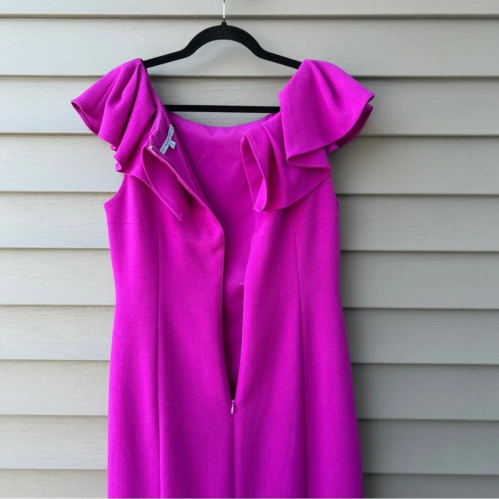 Antonio Melani Tailored Sheath Dress Size 10 Purple Ruffle Off-Shoulder - Picture 8 of 15